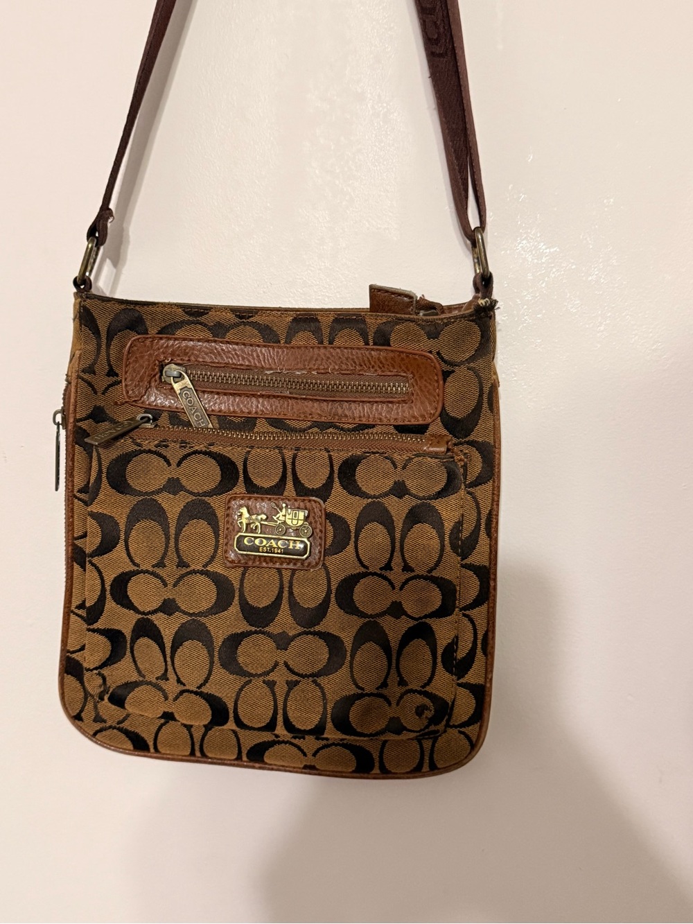 Coach Brown Signature Canvas Crossbody with Leather Trim